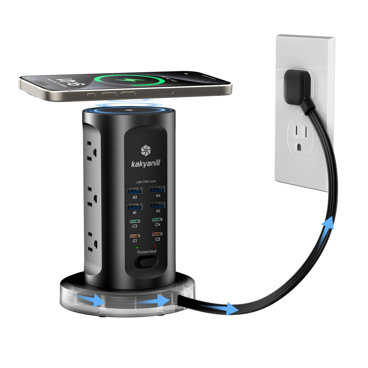 kakyanill front view of power tower showing outlets and USB ports for organized charging