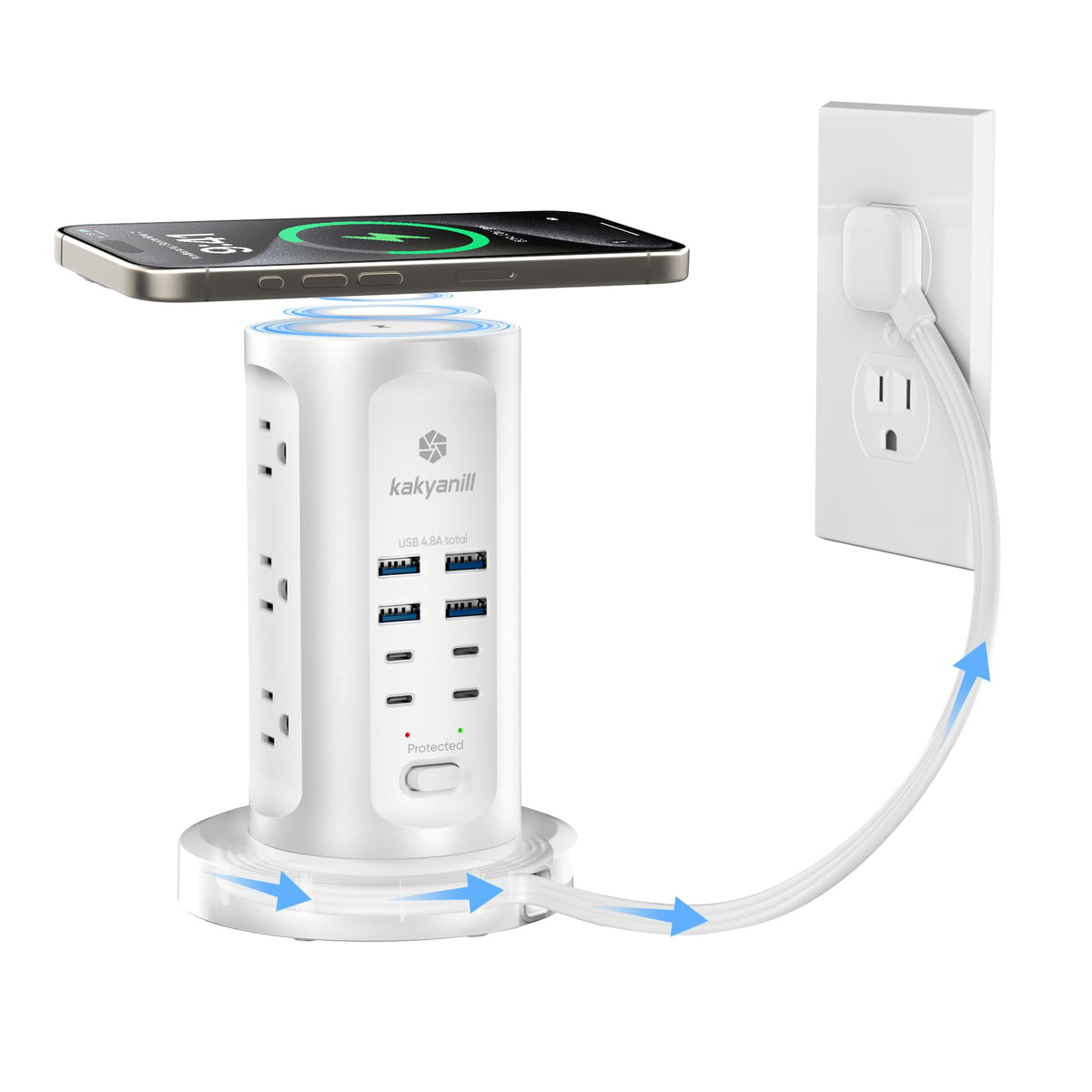 kakyanill front view tower showing all outlets and organized charging benefits