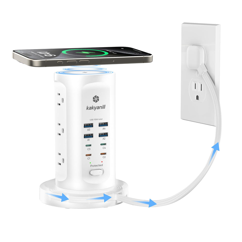 kakyanill front view tower showing 9 AC outlets and slim profile, organizes devices