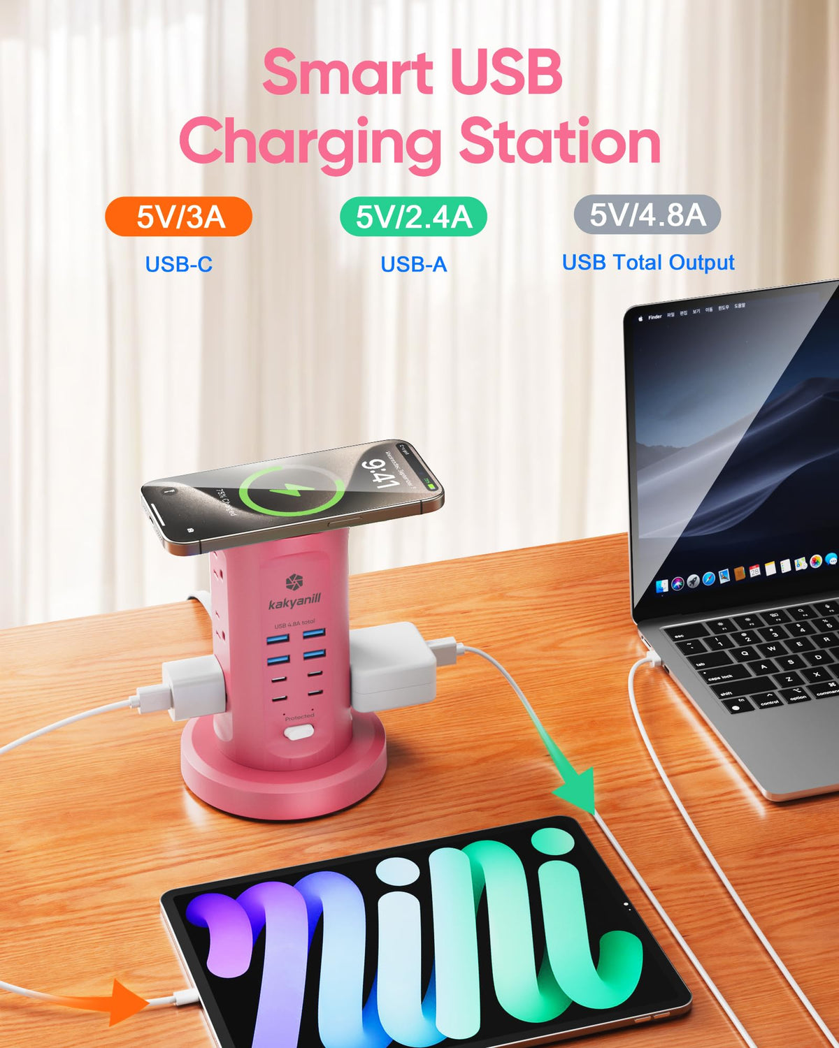 kakyanill in use on desk powering laptop phone and lamp for convenience