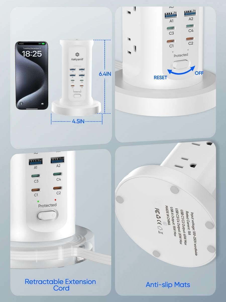 kakyanill tower on a home office desk powering laptop and phone, declutters workspace
