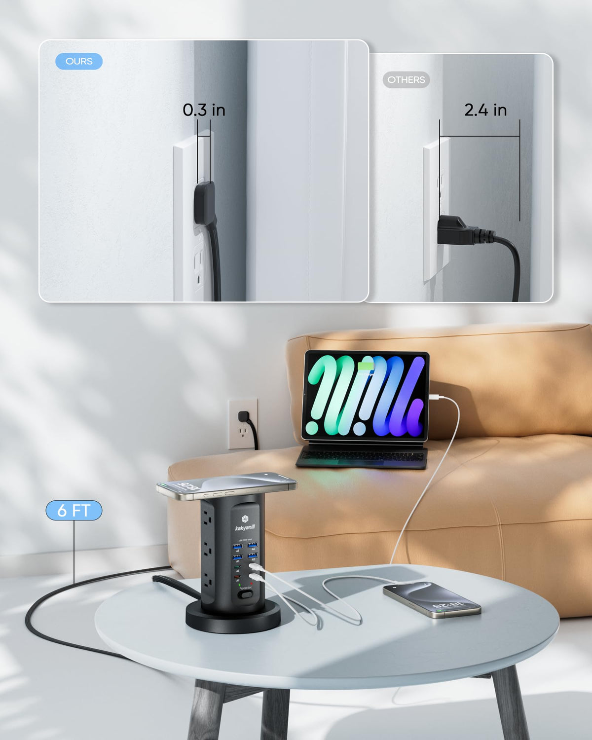 kakyanill lifestyle desk setup with phone and lamp showing clutter-free charging benefit