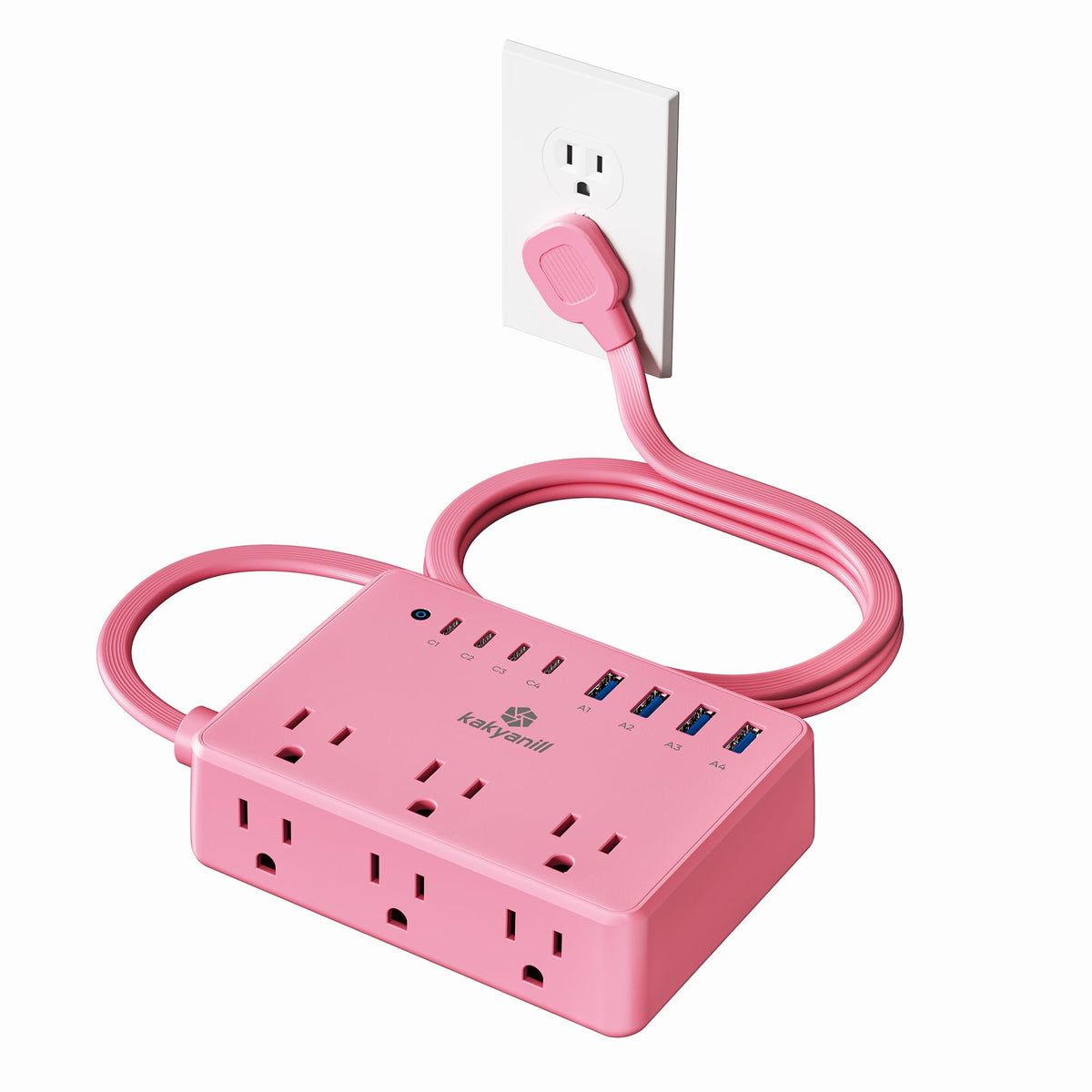 Kakyanill pink power strip with six outlets and eight USB ports for versatile desk charging.