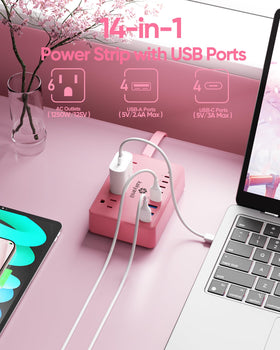 Kakyanill pink USB charging hub with 4 USB-C and 4 USB-A ports ideal for smartphones and tablets.