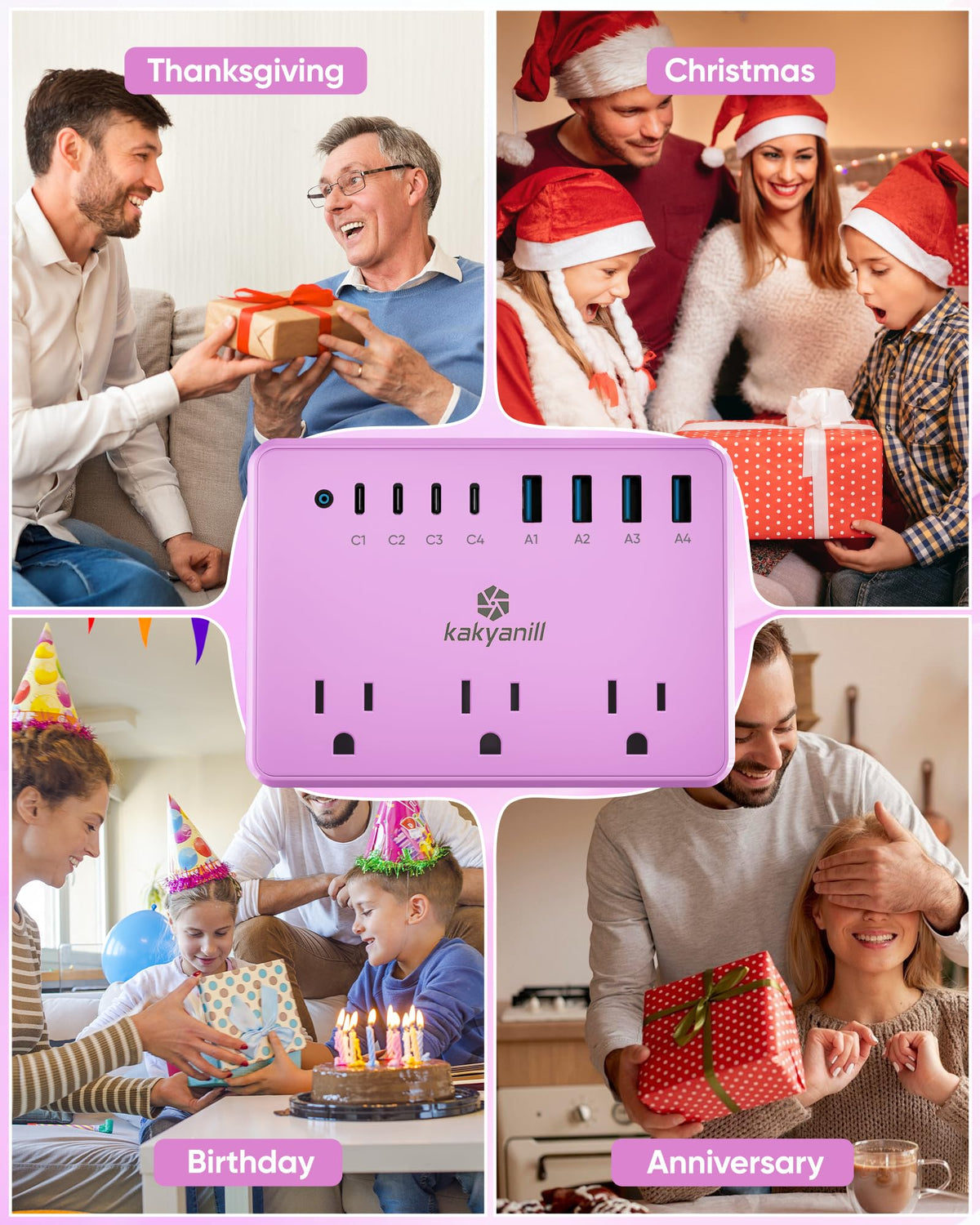 Kakyanill Purple compact power strip ideal for desk, dorm, and office spaces.