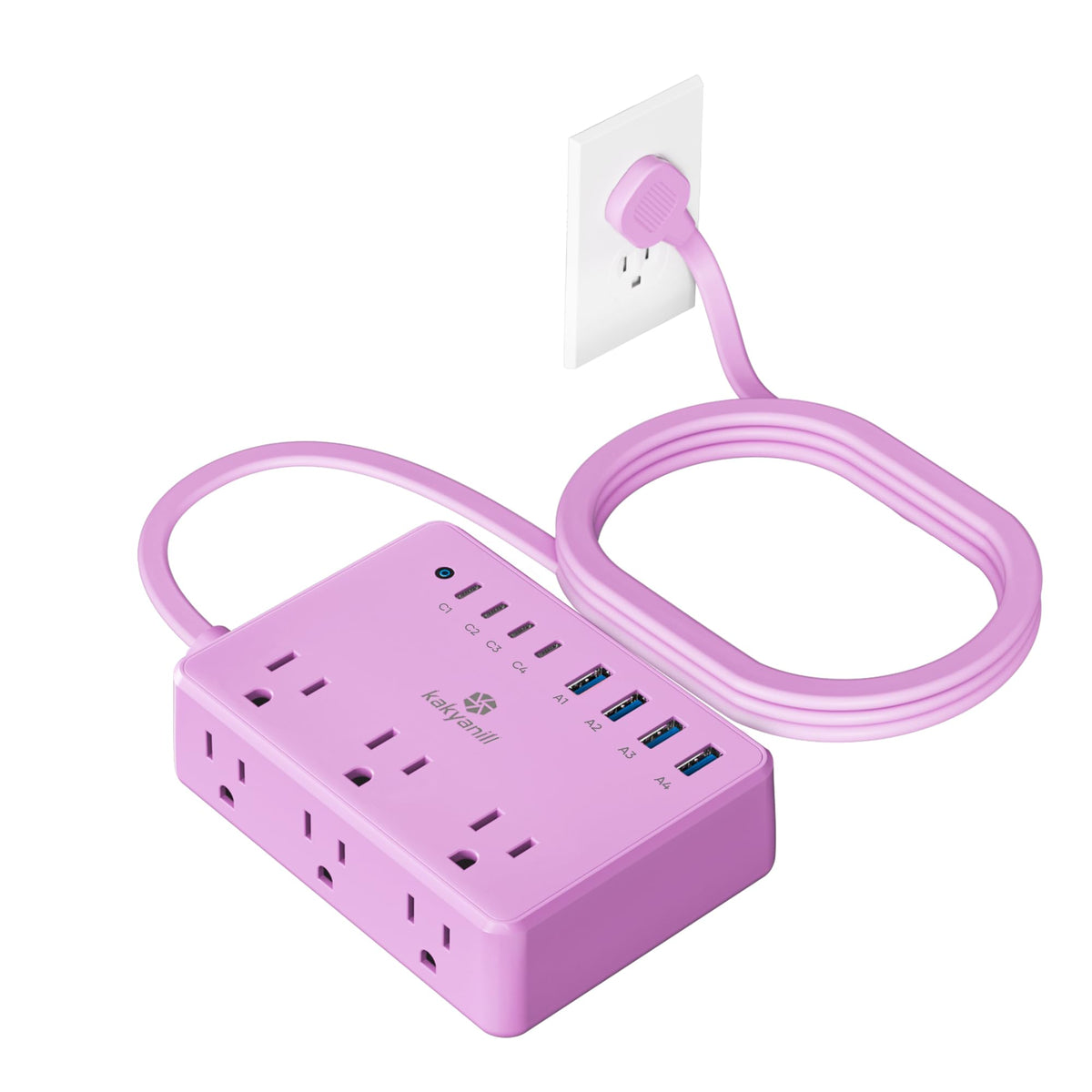 Kakyanill Purple Power Strip with six outlets keeps multiple devices powered at once.