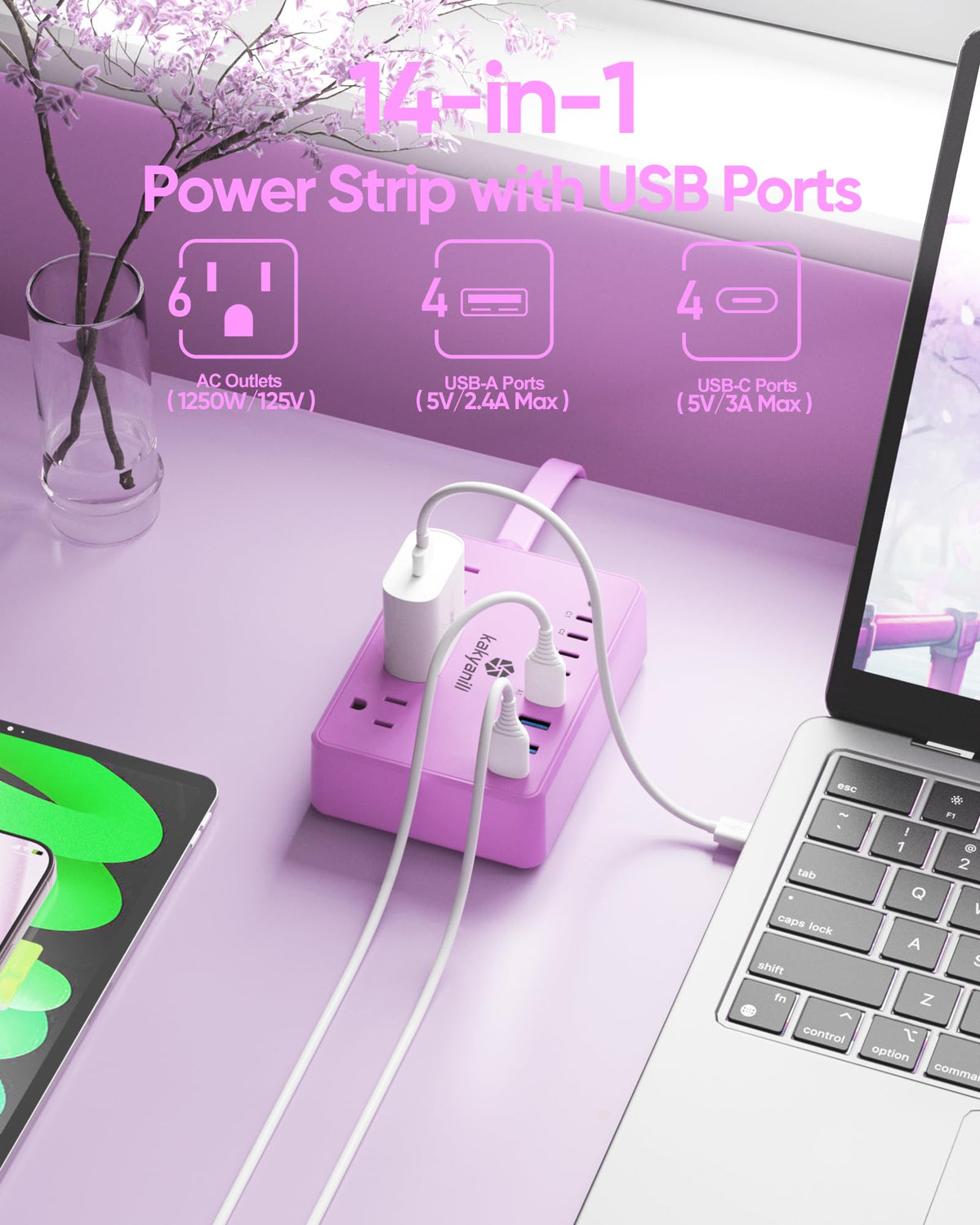 Kakyanill Purple Power Strip showing eight USB ports for USB-C and USB-A charging.