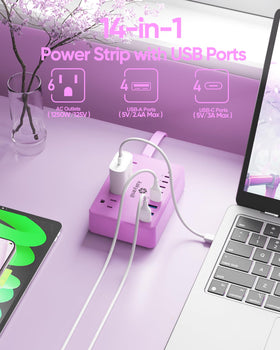 Kakyanill Purple Power Strip showing eight USB ports for USB-C and USB-A charging.