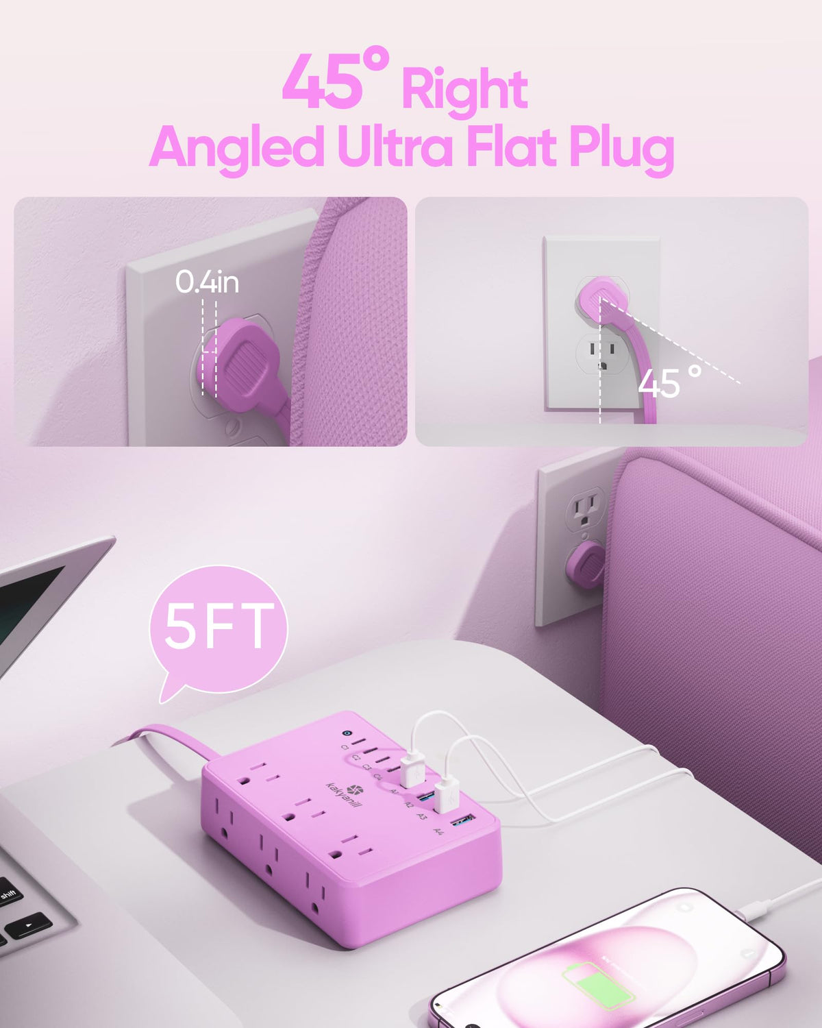 Kakyanill Purple Power Strip with a 5ft extension cord for flexible placement.
