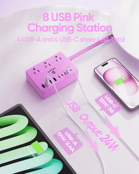 Kakyanill Purple Power Strip features a flat plug for hidden, space-saving setup.