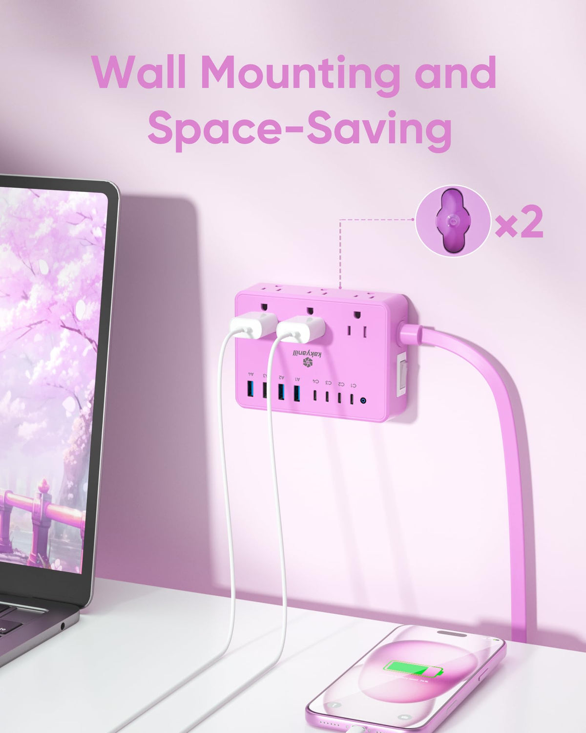 Kakyanill Purple Power Strip with wall-mount holes for secure, tidy installations.