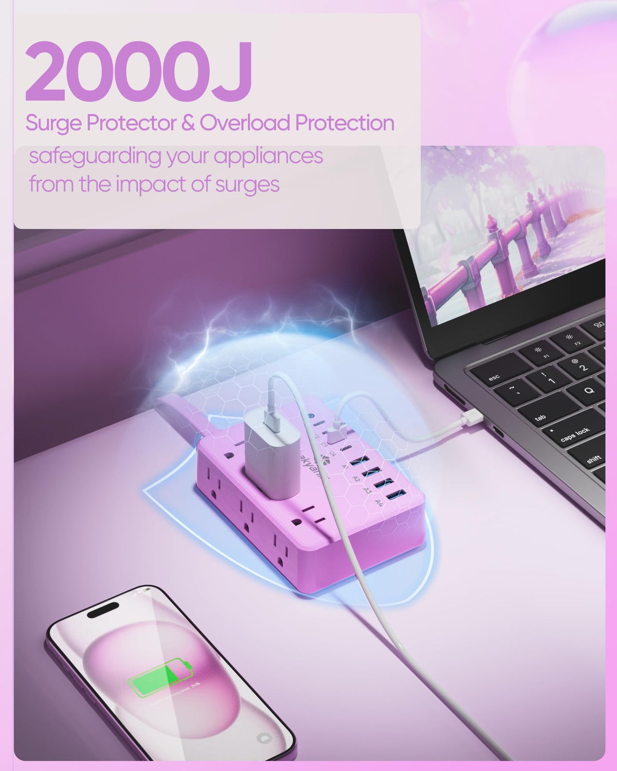 Kakyanill Purple Surge Protector provides 2000J protection for electronics.