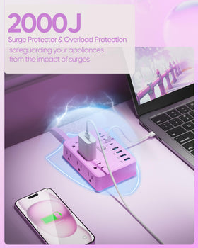 Kakyanill Purple Surge Protector provides 2000J protection for electronics.