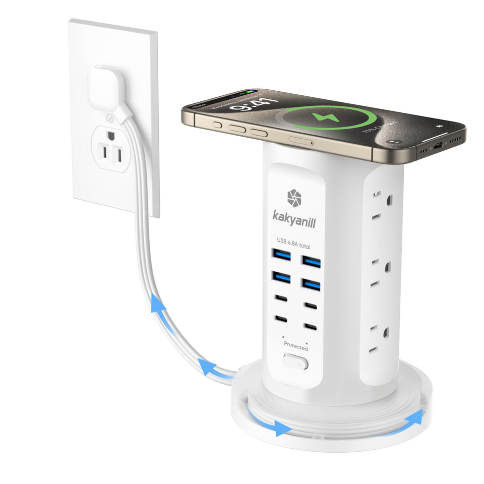 kakyanill tower front view showing vertical design and multiple outlets for space saving