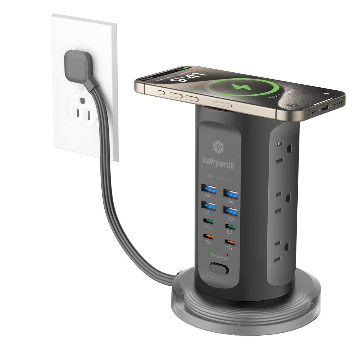 kakyanill tower front view showing stacked outlets and USB ports for organized charging