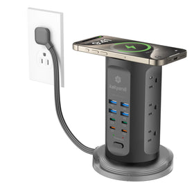 kakyanill tower front view showing stacked outlets and USB ports for organized charging