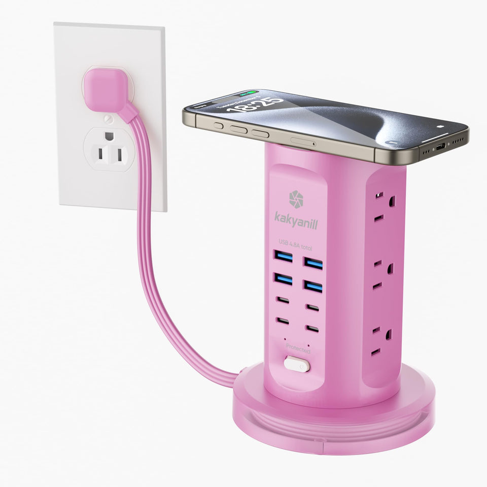 kakyanill front view showing vertical tower and accessible outlets, keeps desk organized