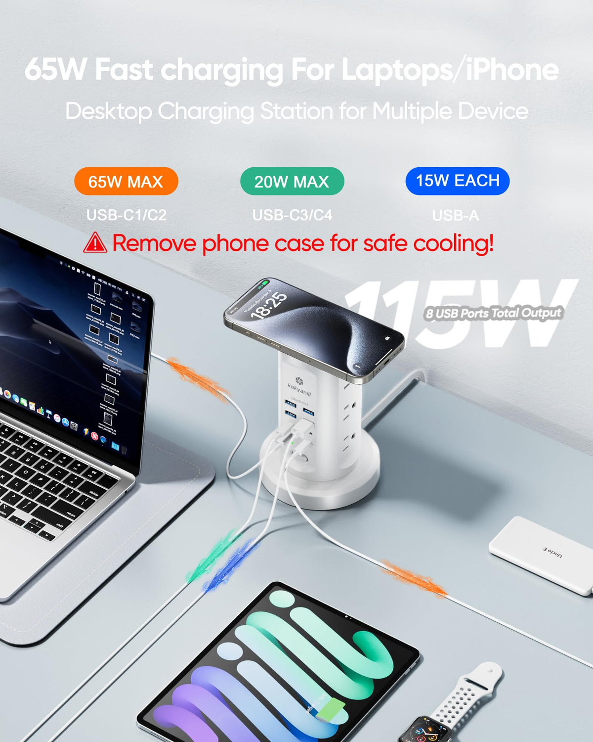 kakyanill closeup of USB ports showing four USB-C and four USB-A, supports fast charging