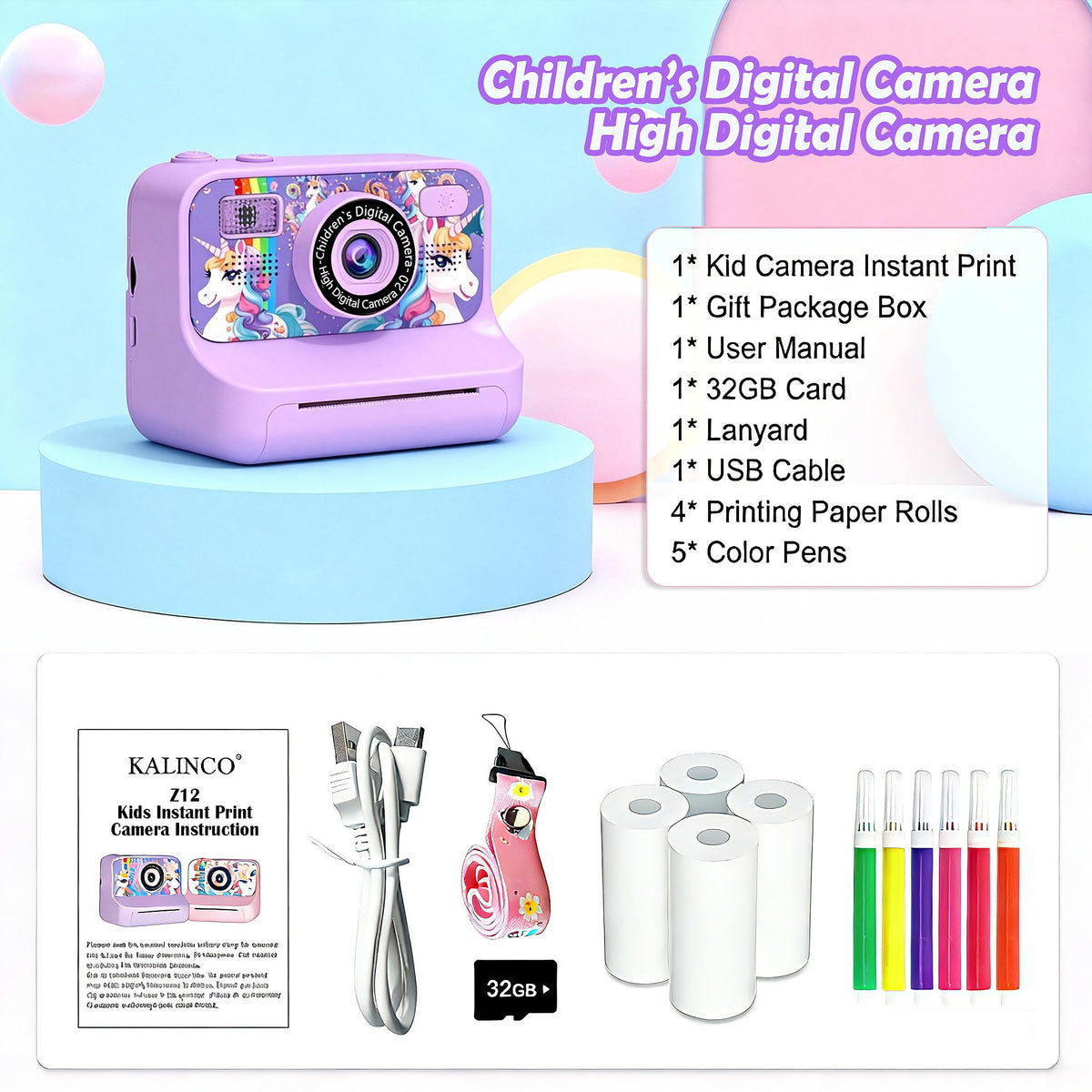Kalinco kids camera box contents with accessories