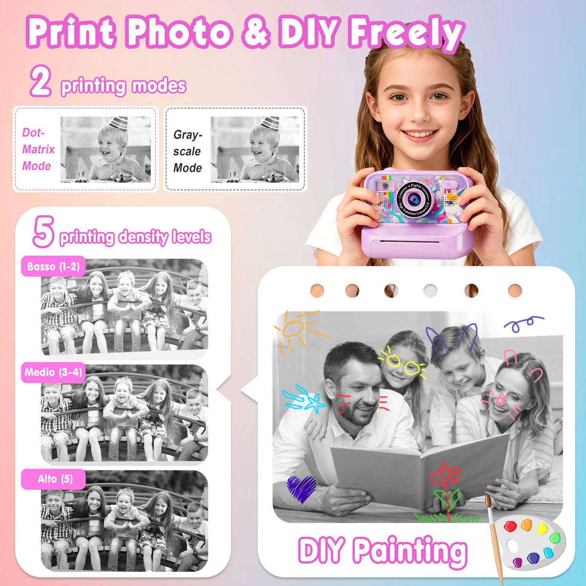 Kalinco kids camera grayscale dot-matrix print for creative photos