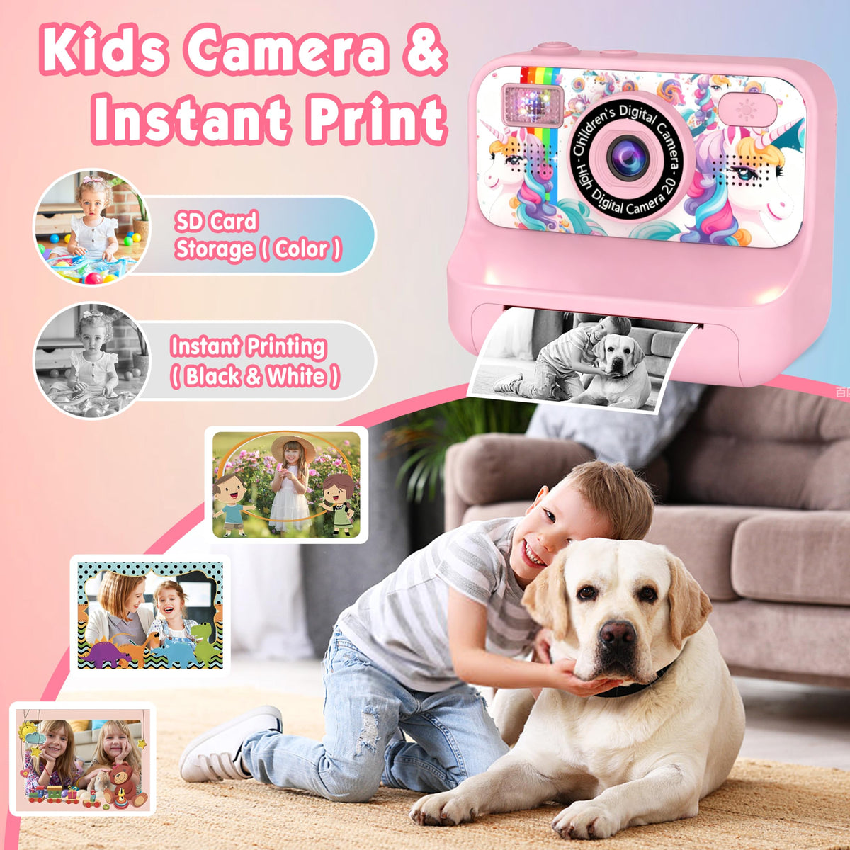 KALINCO instant print feature prints black-and-white photos quickly.
