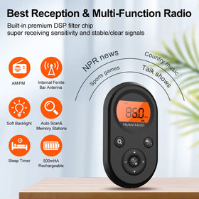 Kamapulo rechargeable pocket radio with 500mAh battery for long outings.