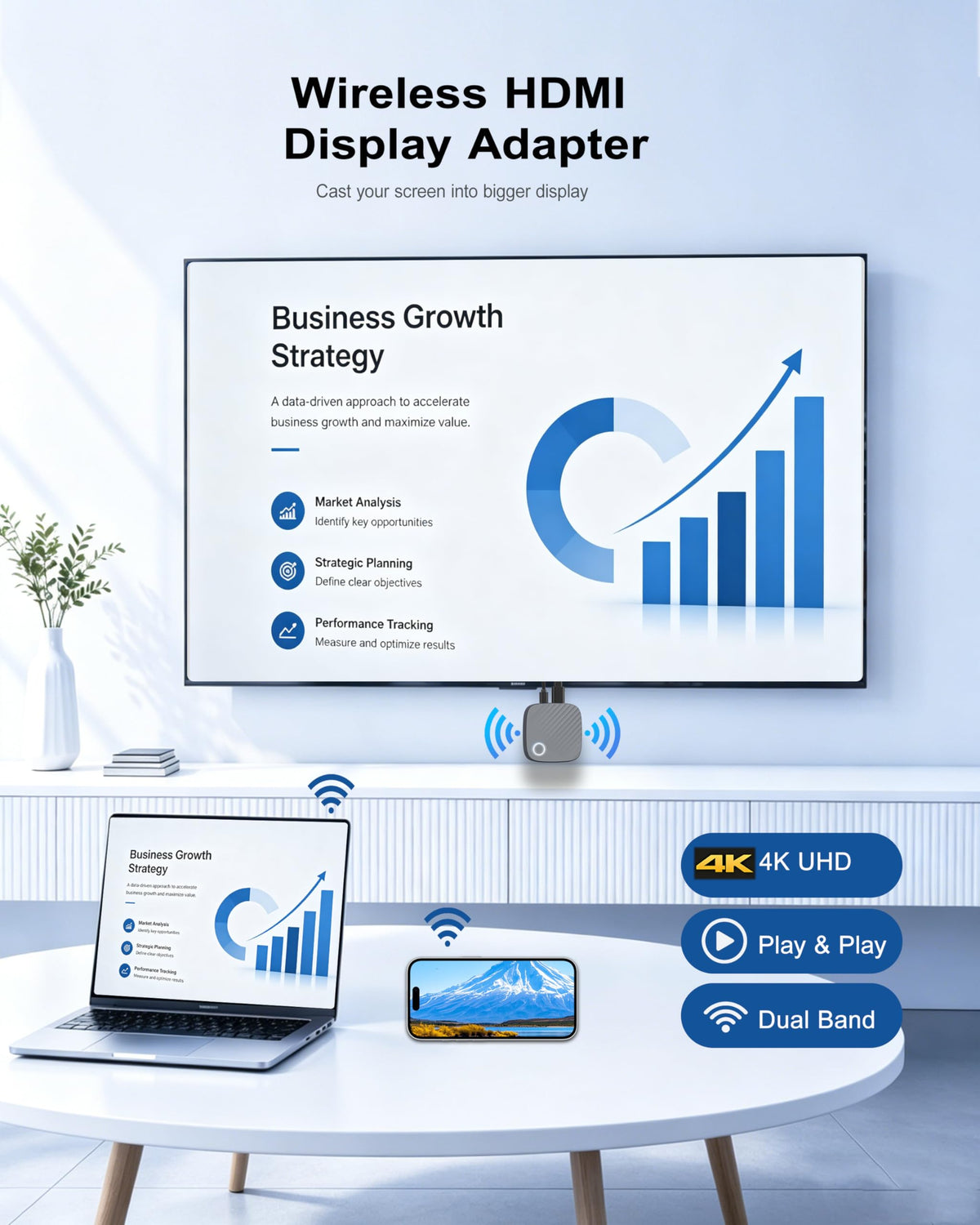 KAMING connected to TV HDMI port displaying crisp 4K content benefit