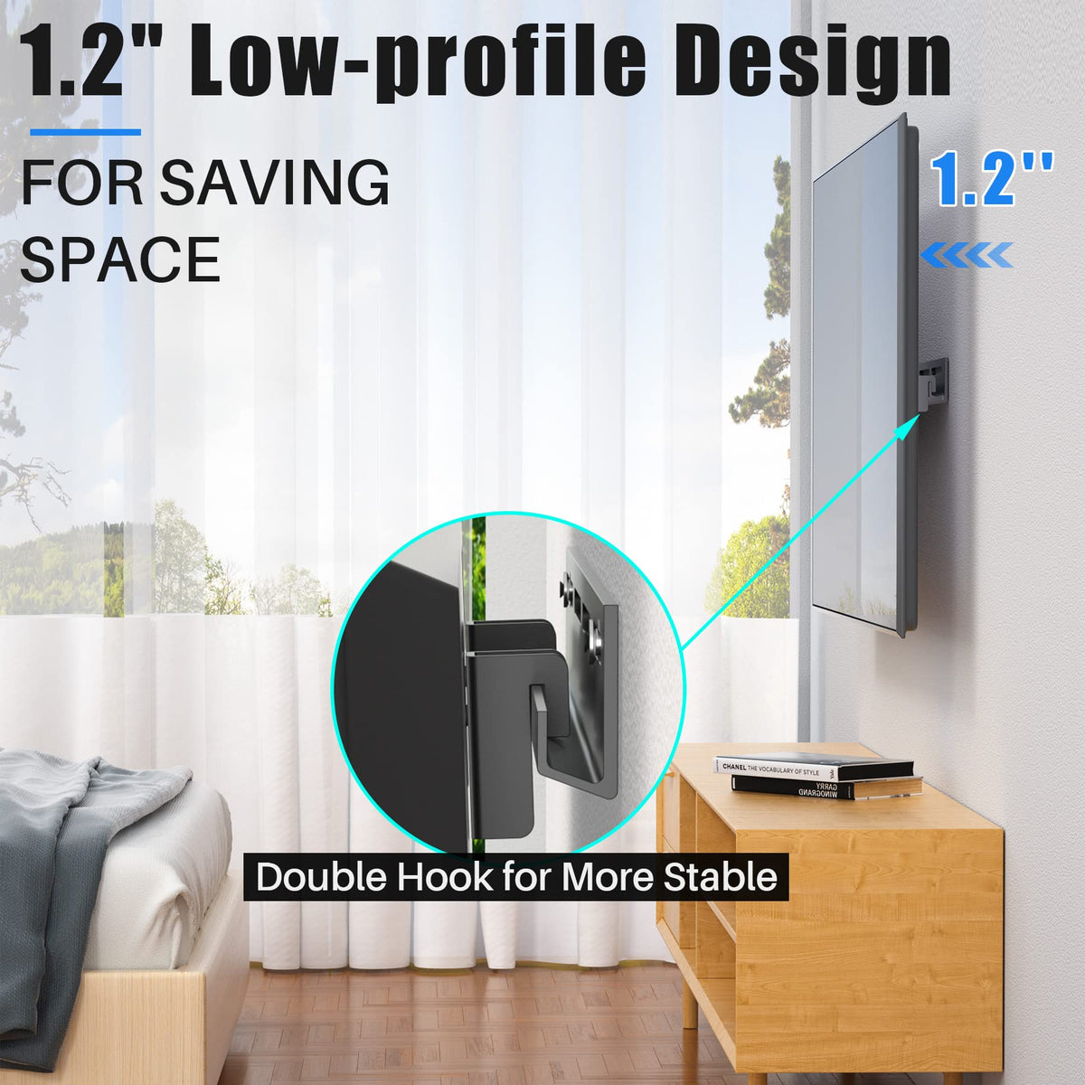 KAMIWI mounted TV close to wall highlighting low-profile modern appearance