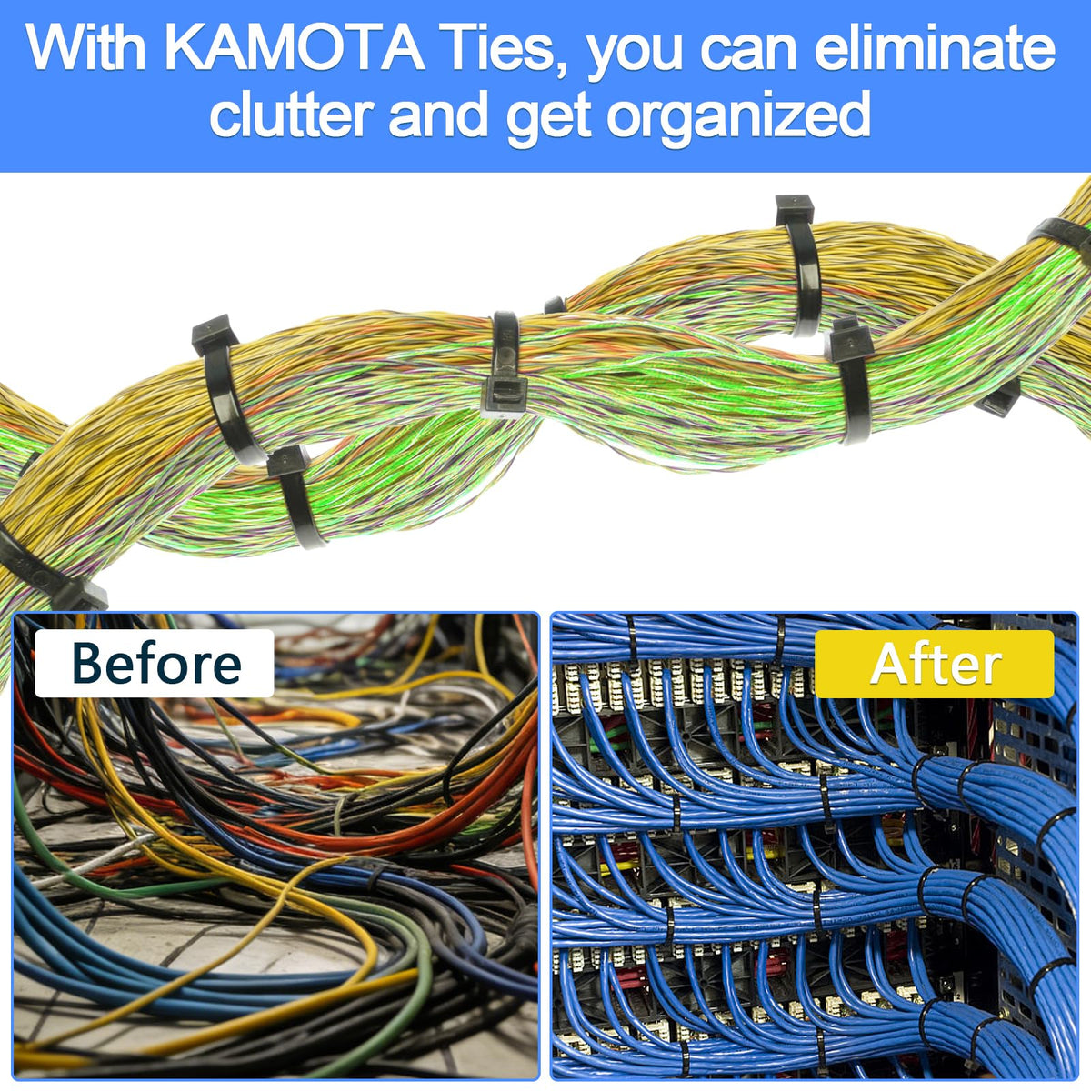 Kamota heavy-duty cable ties help secure equipment and prevent loose cables.