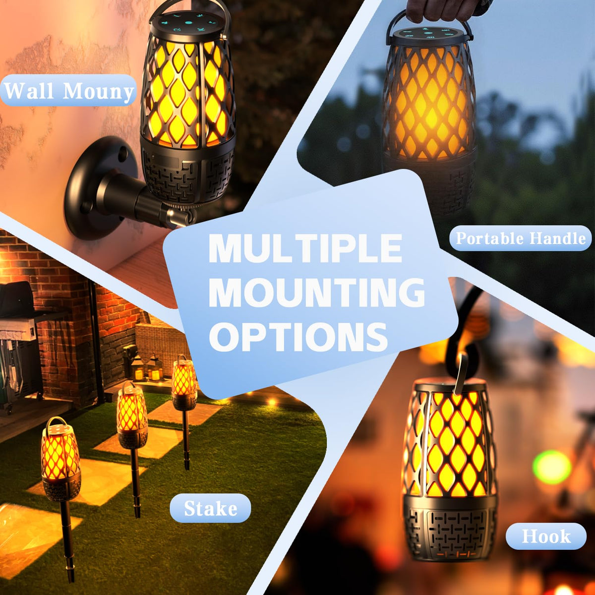 KANAD speaker staked in lawn at night creating ambient backyard atmosphere benefit