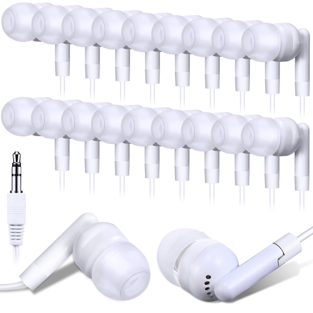Kanayu 100-pack wired earbuds, individually bagged, ideal for classroom sets.