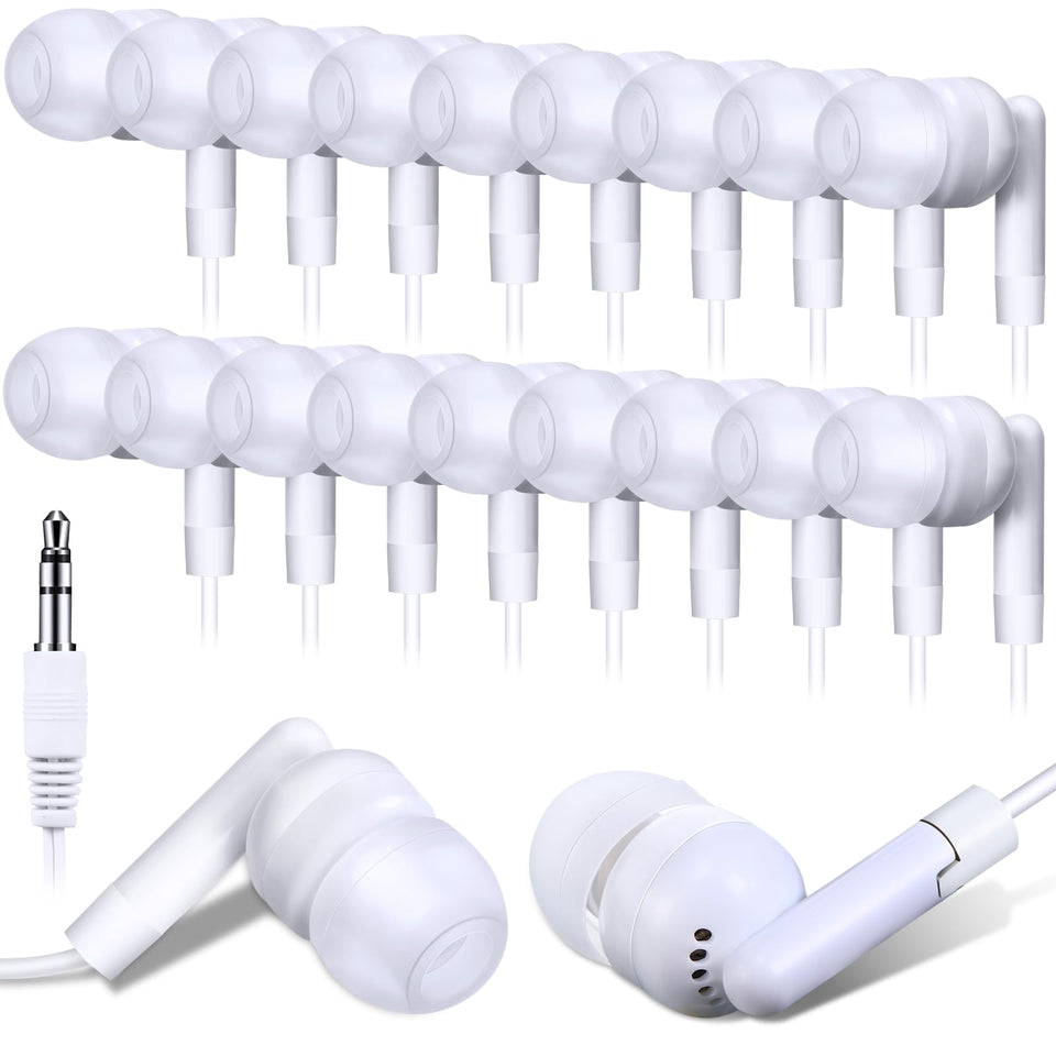 Kanayu 100-pack wired earbuds, individually bagged, ideal for classroom sets.