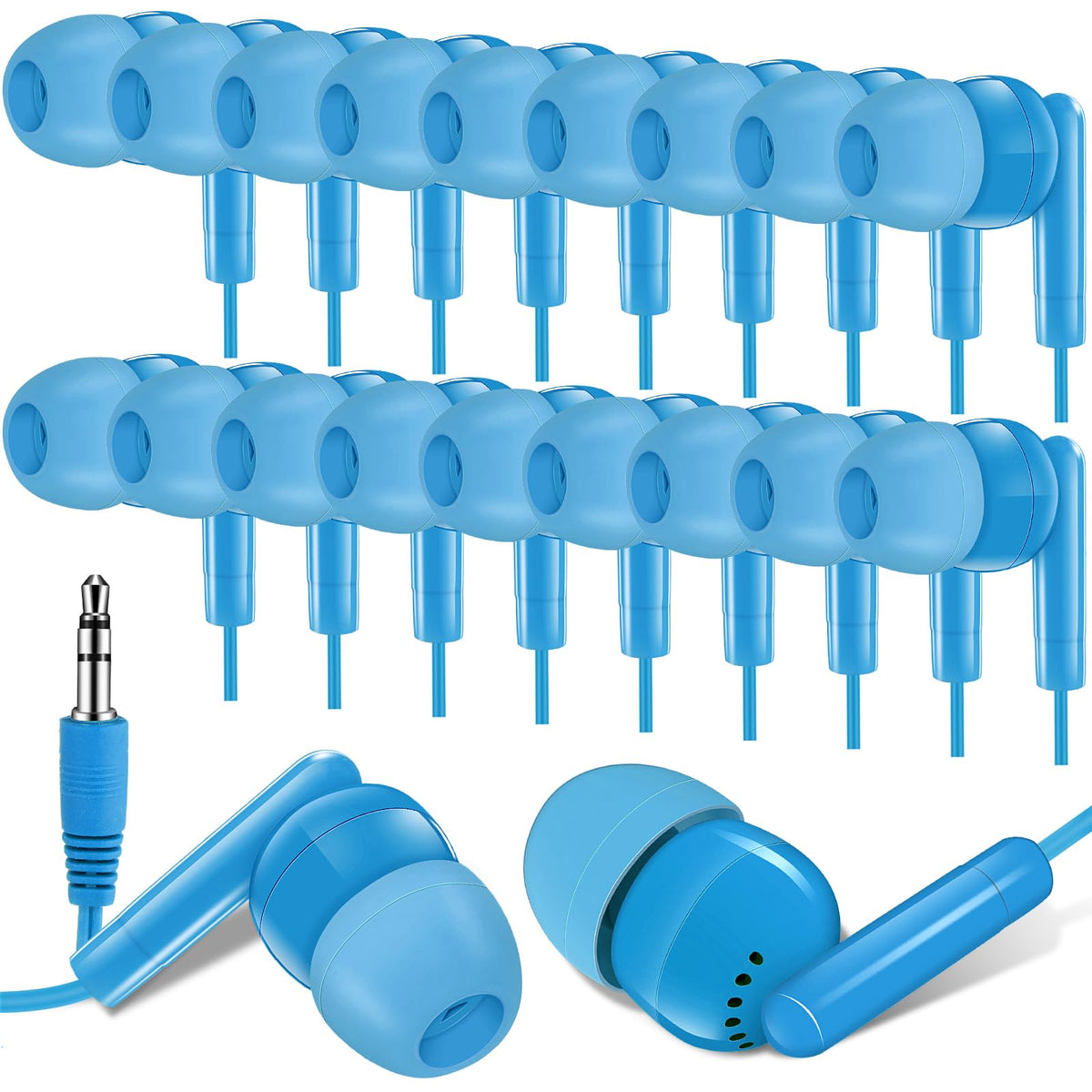 Kanayu 100-pack sky blue earbuds ready for classroom use with clear sound