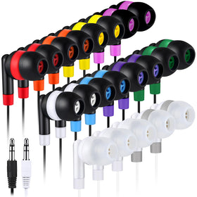 Kanayu 100-pack wired earbuds in orange for classroom listening and group activities.