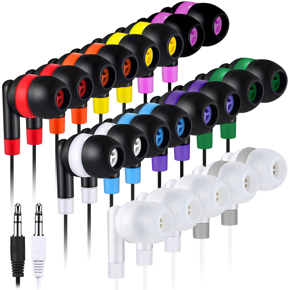 Kanayu 100-pack wired earbuds in orange for classroom listening and group activities.