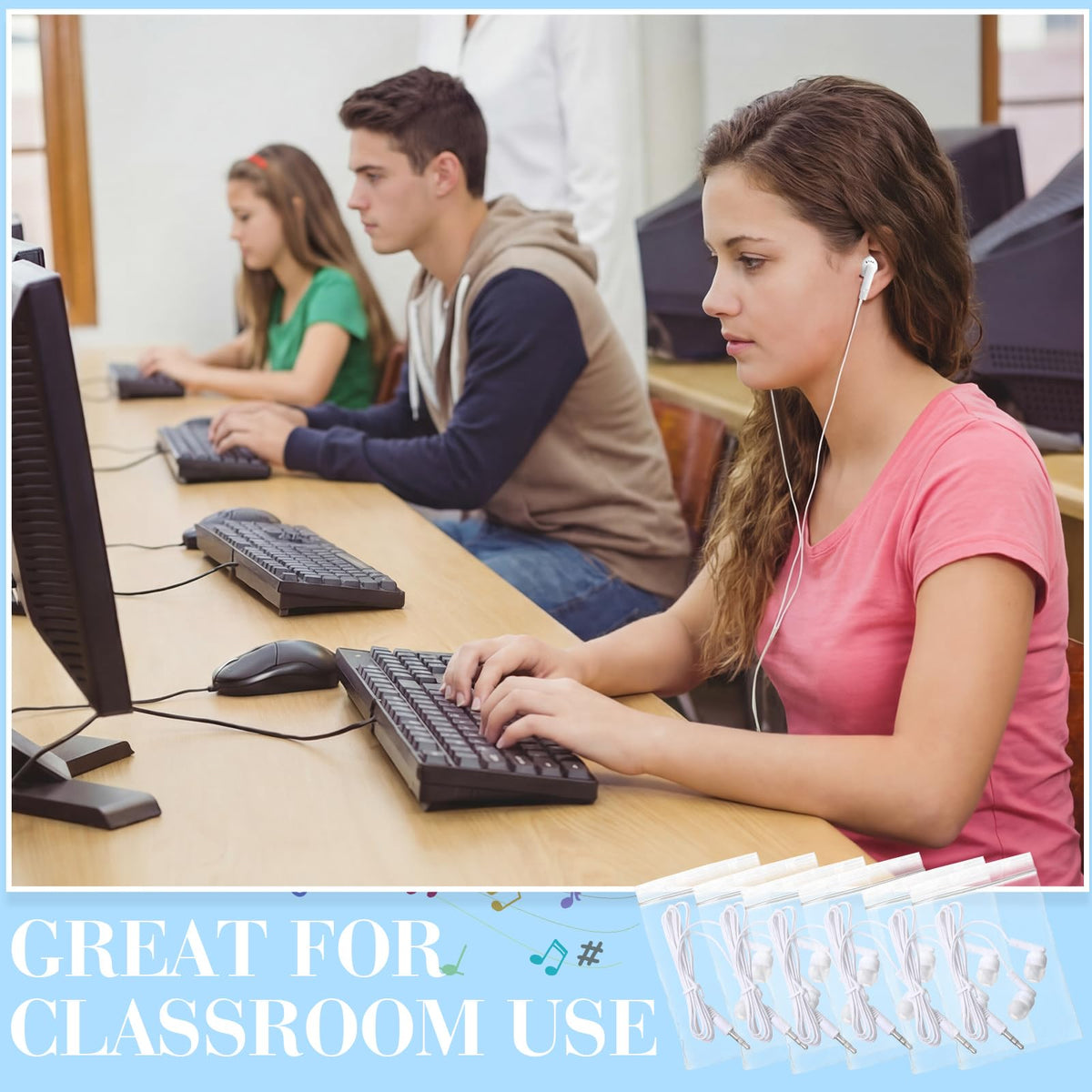 Kanayu classroom earbuds with 90 cm cable, easy to reach devices.