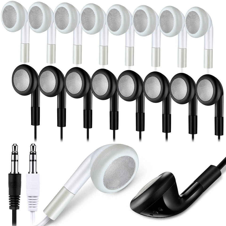 Kanayu bulk classroom earbuds, 100-pack, black and white, ideal for shared devices and clear sound.