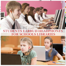 Kanayu earbuds shown in classroom use for tests and activities.