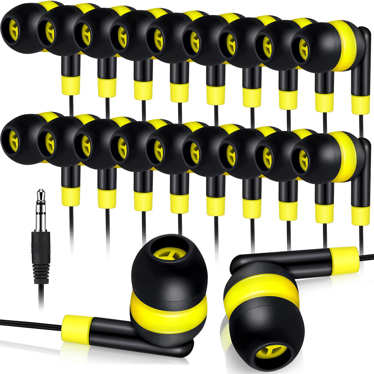 Kanayu front packaging showing 100 yellow earbuds and easy distribution benefit