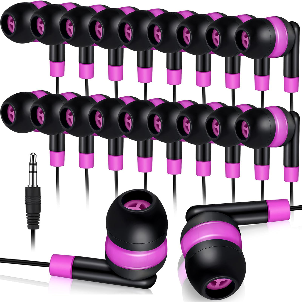 Kanayu front view pink pack showing 100 individually bagged earbuds for classrooms