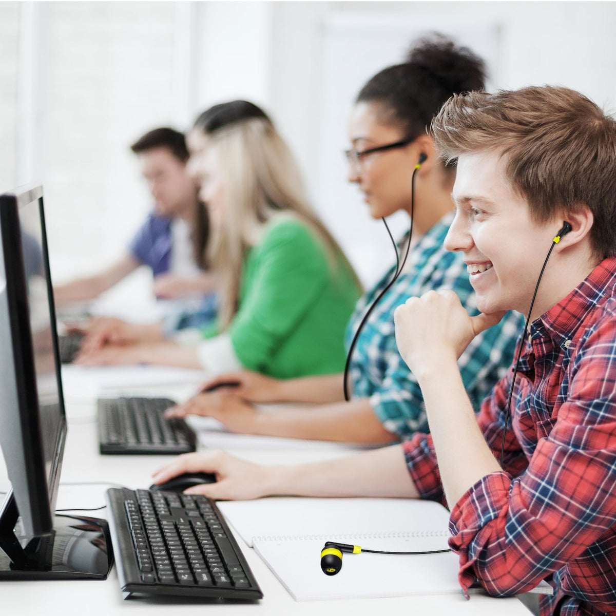 Kanayu earbuds in travel and library scene showing convenient bulk use benefit