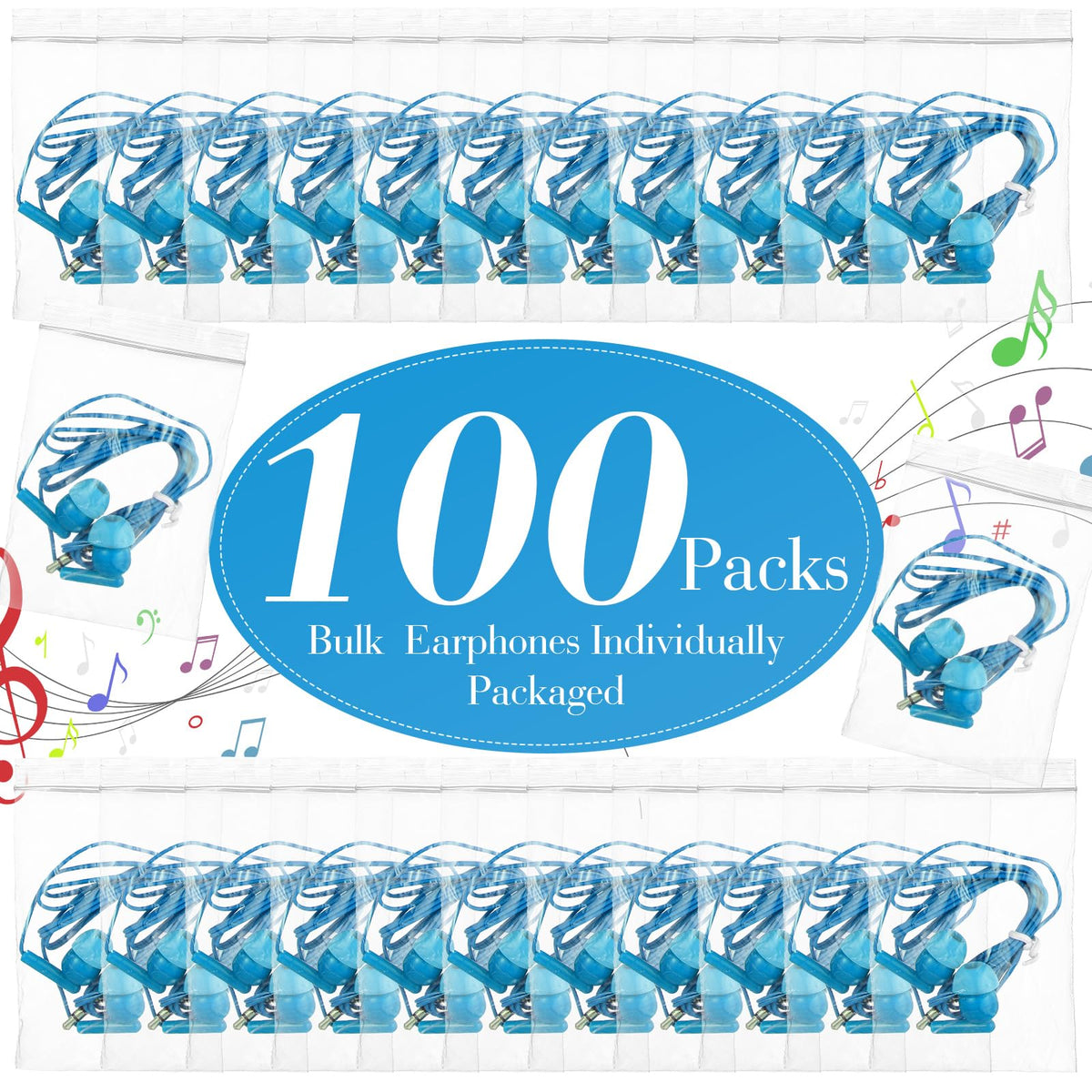 Kanayu sky blue classroom earbuds in individual packaging for easy distribution