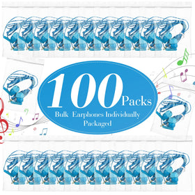 Kanayu sky blue classroom earbuds in individual packaging for easy distribution