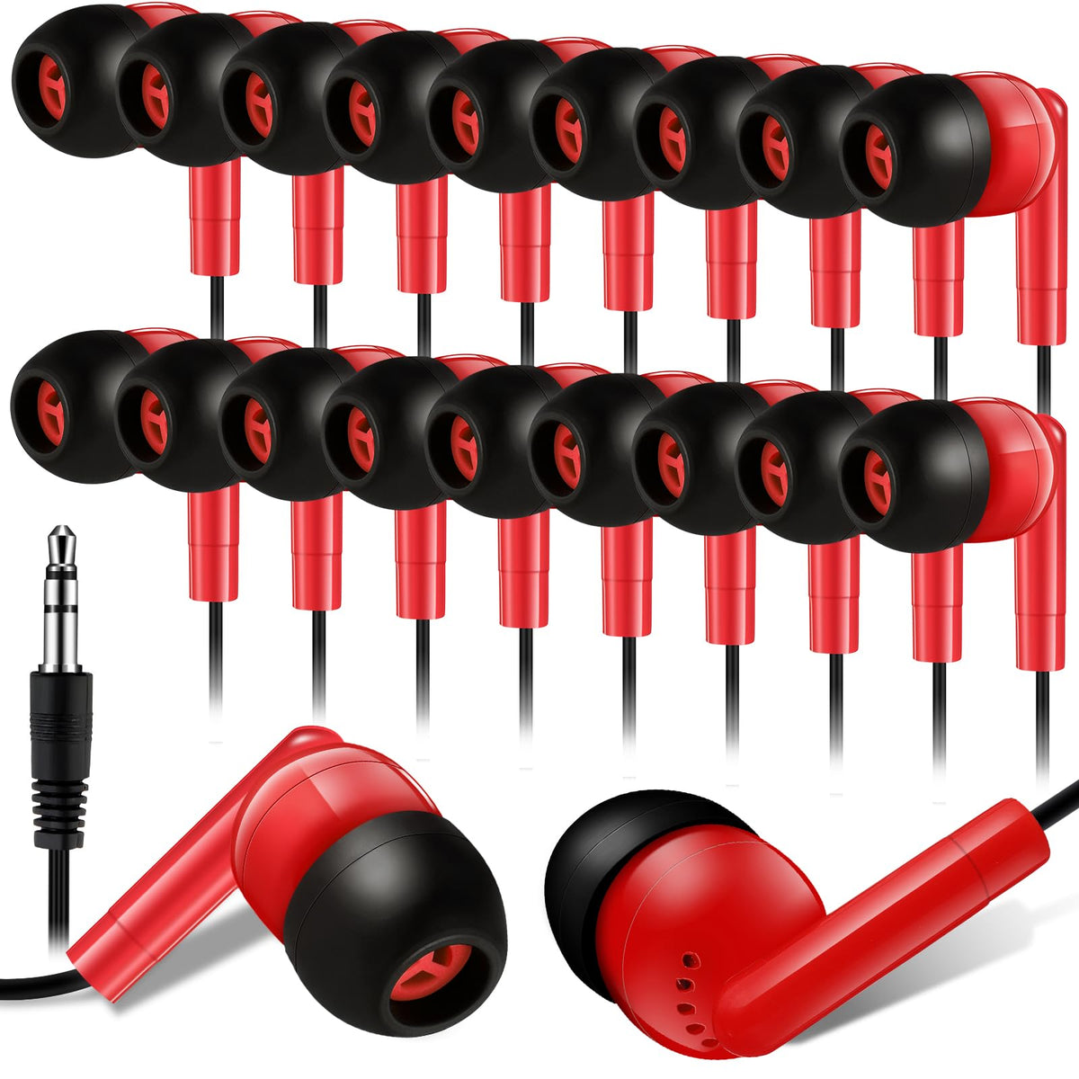Kanayu 100-pack wired earbuds in red for classroom use.