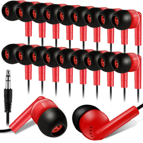 Kanayu 100-pack wired earbuds in red for classroom use.