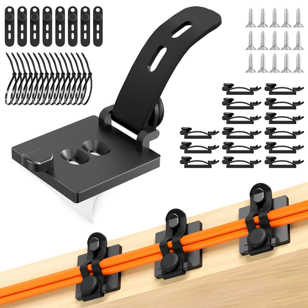 kanemc front packaging showing included clips and ties for tidy cables