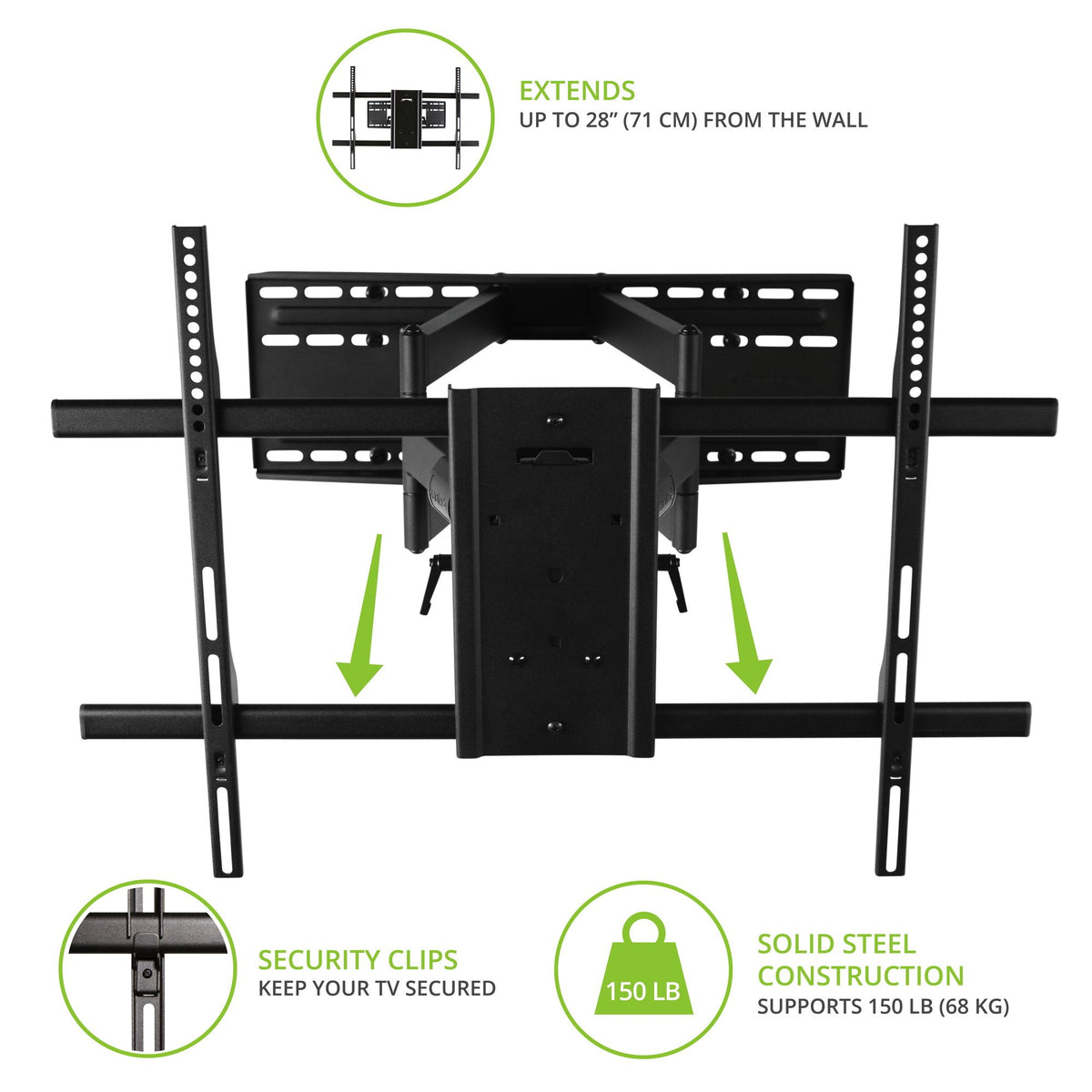 Kanto FMX3C 88° swivel for corner-viewing convenience.