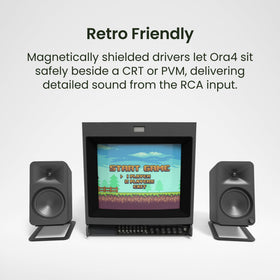 Kanto ORA4 wall-mount ready with rear inserts for flexible placement.