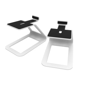 Kanto SE4 white elevated desktop stands pair for a stable, space-saving speaker setup.