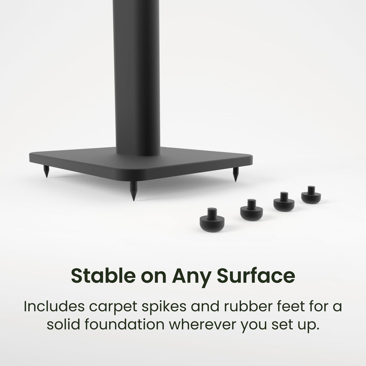 Kanto SPH rubber feet and carpet spikes ensure stable setup.